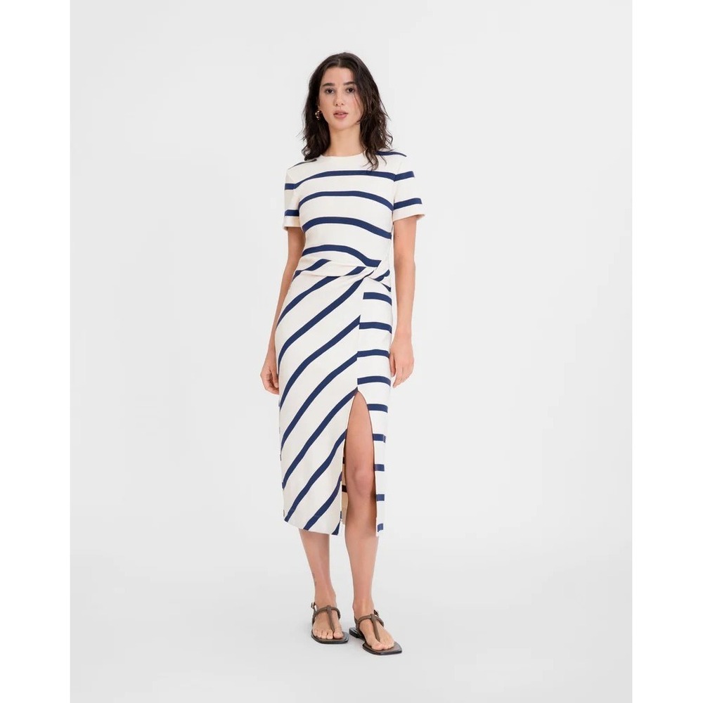 Tanya Taylor Womens Shrt Slve Cody Striped Midi Dress Navy White Size L Nautical